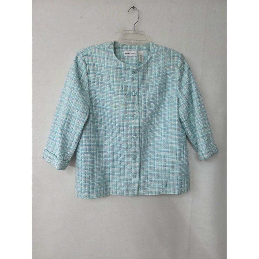 Alfred Dunner Womens Blue White Tweed Plaid Collarless Button Front Blazer Sz 16